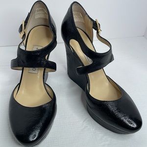 Jimmy Choo Shoes Wedge Black Patent Leather Platform Ankle Strap Shoes
